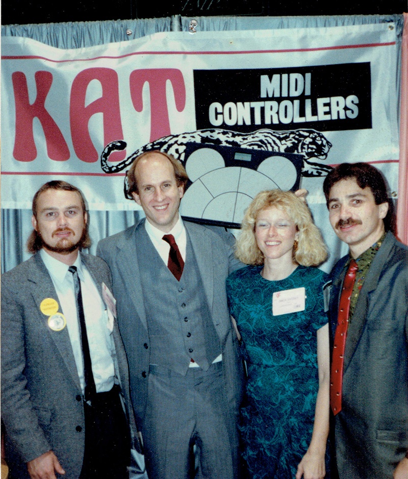 KAT percussion employees Greg Irwin, Bill Katoski, Maria Katoski and Mario DeCiutiis with a drumKAT MIDI percussion multipad in 1987